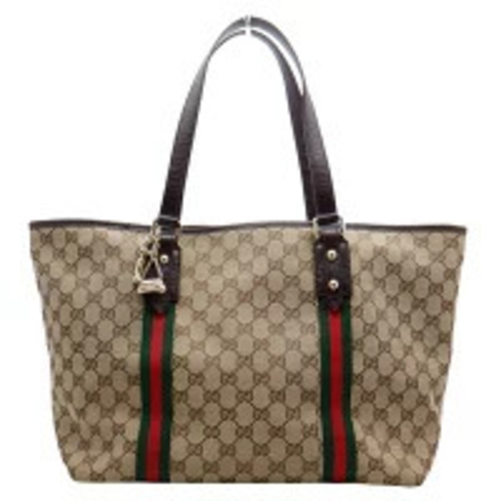 GUCCI GG Canvas Tote Bag Shoulder Beige Brown Leather